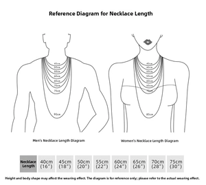 Size chart showing S925 silver necklace length options from 16 to 30 inches on figures