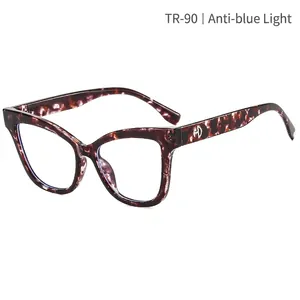 Cat eye TR90 anti-blue light glasses in tortoise shell frame with metal HD logo on temple