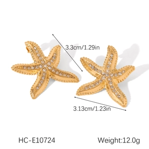 Detailed view of starfish earrings in 18K gold finish with size and weight dimensions