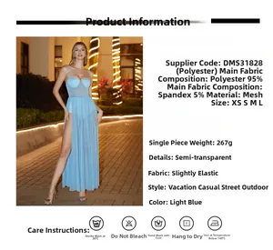 Detailed fabric chart of light blue sheer mesh maxi dress with high slit and backless style