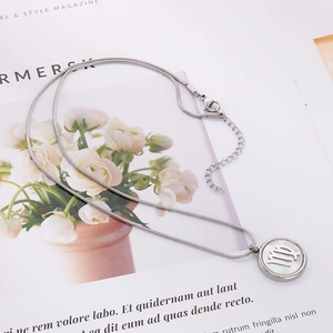 Silver stainless steel zodiac necklace with Virgo shell pendant on magazine backdrop