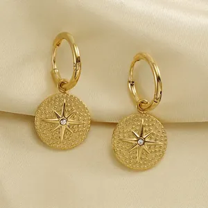 North Star Hoop Earrings Stainless Steel 18K Gold Plated Eight Pointed Star Pendant Zircon Retro Bohemian Women
