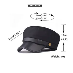 Size chart for black newsboy cap with canvas crown and faux leather brim detail