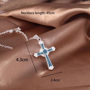 Silver necklace with blue glitter cross pendant, 45cm chain and detailed crystal inlay