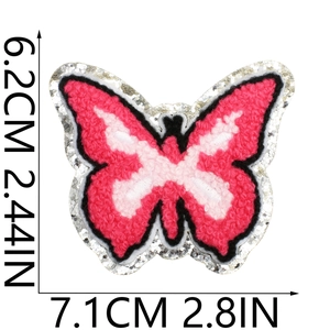 Pink chenille butterfly patch with silver sequins and 7.1cm x 6.2cm dimensions