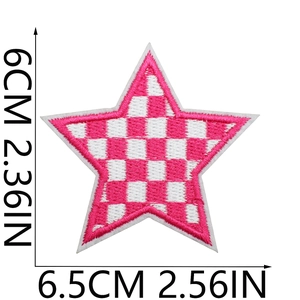 Detailed size specifications for pink checkered star embroidered patch showing dimensions