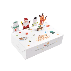Christmas gift boxes with 3D cartoon Santa and reindeer toppers on white paper cardstock