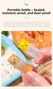 Detailed view of three mini portable squeeze bottles with cute cartoon animal caps
