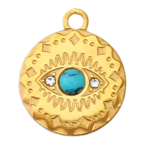 Macro shot of gold stainless steel evil eye pendant with turquoise stone and cubic zirconia