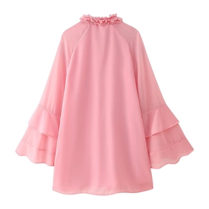 Pink bohemian chiffon blouse featuring a ruffled stand collar and layered bell sleeves
