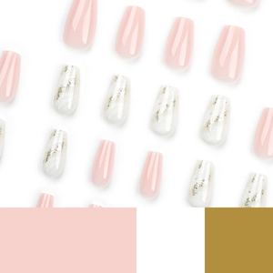 Pink ballerina press-on nails with white marble patterns and gold glitter accents