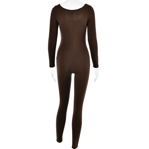 Detailed back view of a dark brown long-sleeve bodysuit with high elasticity and U-neck