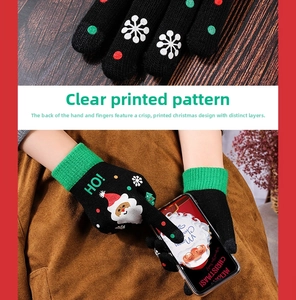 Detail showing Christmas knit gloves with touchscreen tips while using a mobile phone