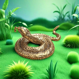 Copper snake figurine with realistic scale texture on a green background