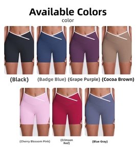 Detail showing seven available colors of high-waisted V-cross yoga shorts for women