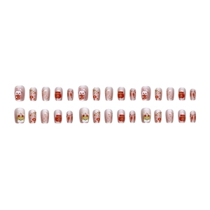 Short pink cat eye press-on nails with festive fireworks and dog patterns for New Year