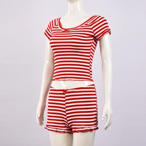 Detail of red and white striped set featuring bow accents and ruffled hem shorts