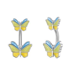 Dual view of silver butterfly belly ring with blue and yellow enamel and curved bar