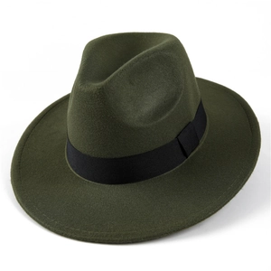 Detailed top-down view of olive green wool fedora hat with elegant black ribbon band