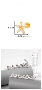 Detail showing gold and silver flower stud earrings with CZ stones and size dimensions