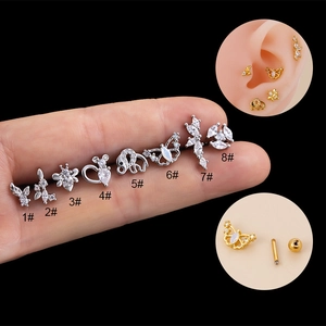 Stainless steel animal cartilages studs with zircon butterfly and bee shapes in gold and silver