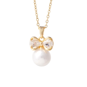 Elegant gold bow necklace featuring sparkling zircons and a white round pearl pendant