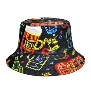 Neon Beer Print Bucket Hat Polyester Sun Protection Outdoor Casual Festival Party Sunshade Breathable Hat For Men Women