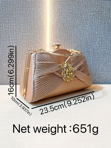 Champagne pleated rhinestone evening bag for women, size 23.5x16x10cm with 651g weight