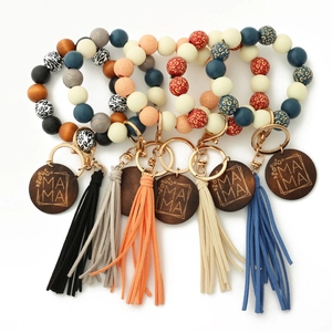 Leopard print bead keychain bracelets with MAMA engraved wood charm and tassels