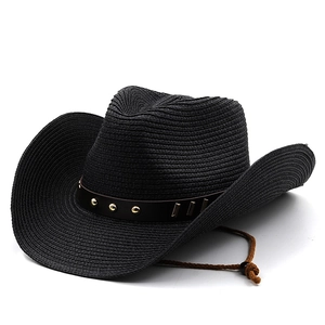 Classic black straw cowboy hat with metallic studded brown band and chin strap