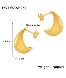 Detailed view of gold drop earrings in titanium steel with size and weight info