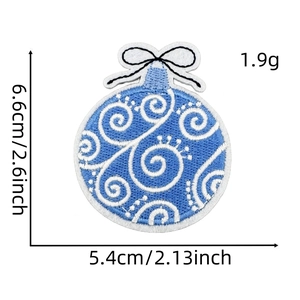 Blue Christmas bauble embroidery patch with detailed size measurements and white texture