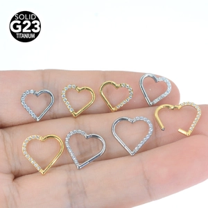 G23 titanium heart-shaped hinged rings with zircons in gold and silver colors