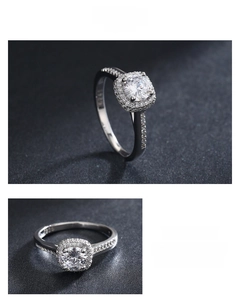 Macro detail of S925 sterling silver halo ring featuring square cushion cut zircon
