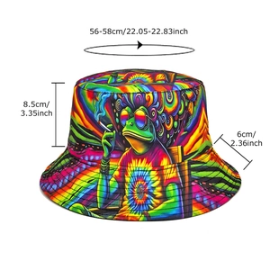 Colorful frog print tie-dye bucket hat with size chart for sun protection gear