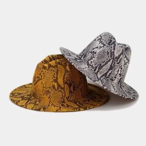 Elegant wide brim snake print fedora hats in mustard yellow and grey snakeskin patterns