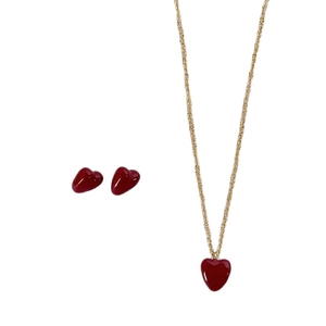 Vintage gold necklace and heart stud earrings set with red zircon stones for women