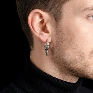 Silver stainless steel hoop earring with conical geometric pendant for men in punk style
