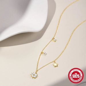 S925 sterling silver gold necklace featuring star, pearl, and zircon flower charms