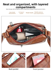 Detailed interior of brown PU leather bag showing multi-pocket capacity for cosmetics