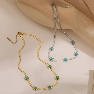 Bohemian gold and silver titanium steel necklaces with square turquoise stones