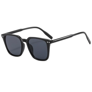 Classic black square frame sunglasses with dark gray lenses and metal rivet accents