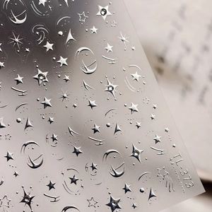 Silver metallic 3D star and moon nail art stickers with embossed relief effect TL-373