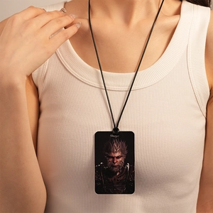 Square stainless steel Wukong game pendant necklace on a casual white ribbed vest