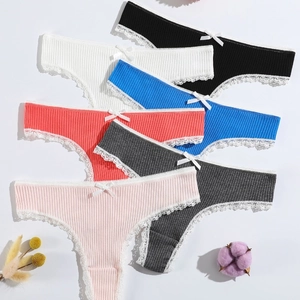 Lace cotton thongs set in multiple colors with ribbed texture and bow detail