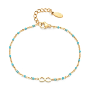 Detail of gold infinity charm bracelet with light blue beads and adjustable lobster clasp