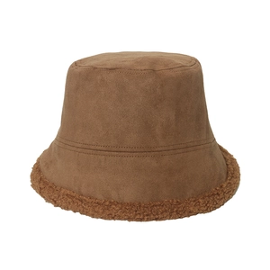Women's warm brown suede bucket hat with cozy faux lamb wool brim in a minimalist style
