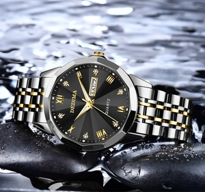 Close-up of luxury men's quartz watch with water ripples and pebbles background
