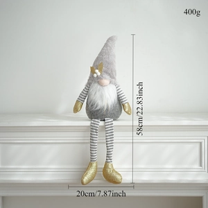 Detailed view of grey Christmas gnome with gold sequin feet and striped legs for holiday decor
