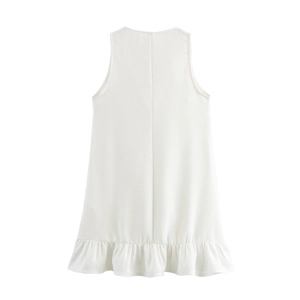 Robe babydoll blanche sans manches à col en V avec ourlet à volants et nœud décoratif